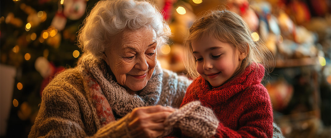 An Elderly woman with her granddaughter in front of a christmas tree smiling.